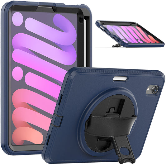 For iPad mini (2021) PC+TPU Tablet Protective Cover Rotary Kickstand Pen Slot Design Anti-drop Case with PU Leather Handle Strap