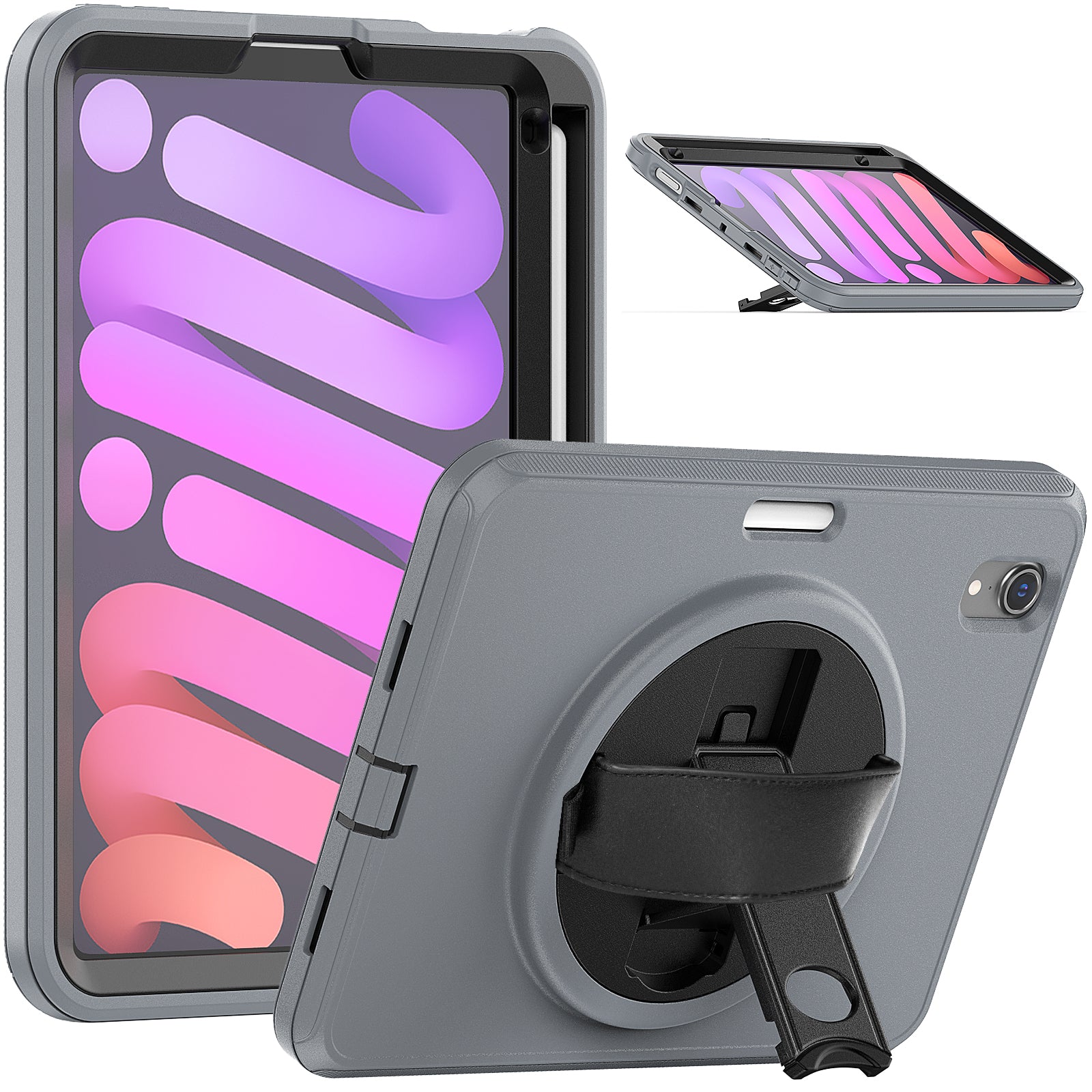 For iPad mini (2021) PC+TPU Tablet Protective Cover Rotary Kickstand Pen Slot Design Anti-drop Case with PU Leather Handle Strap