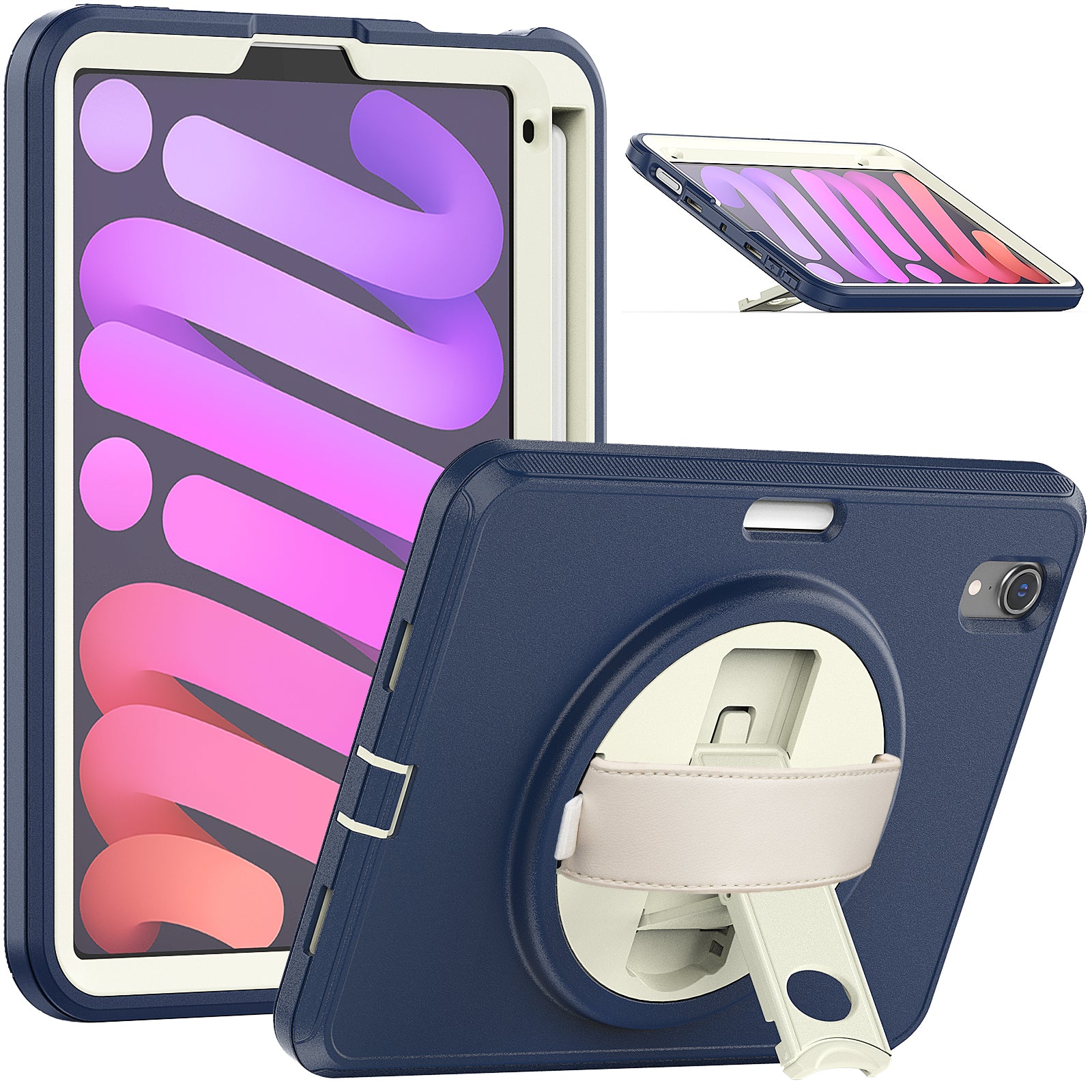 For iPad mini (2021) PC+TPU Tablet Protective Cover Rotary Kickstand Pen Slot Design Anti-drop Case with PU Leather Handle Strap