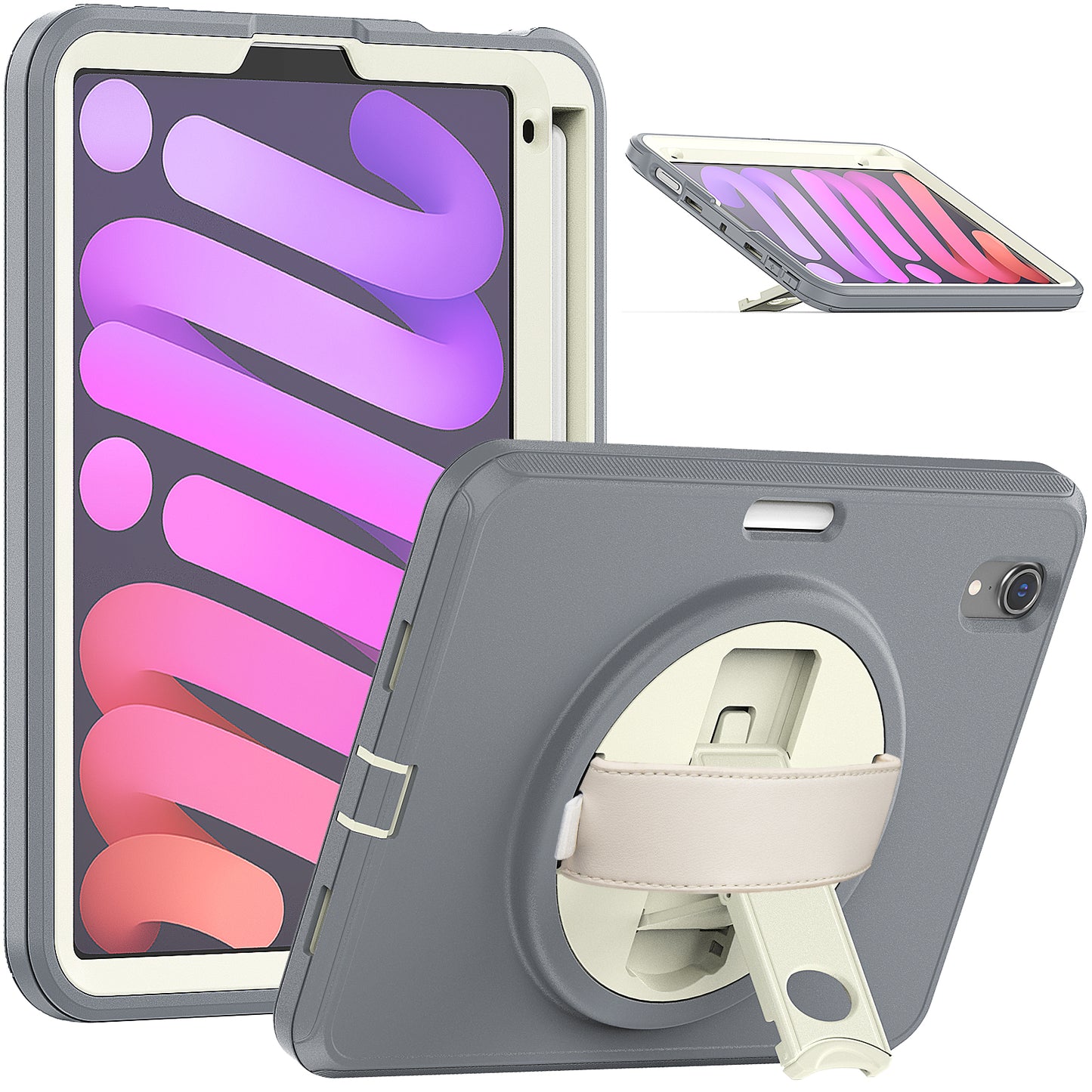 For iPad mini (2021) PC+TPU Tablet Protective Cover Rotary Kickstand Pen Slot Design Anti-drop Case with PU Leather Handle Strap