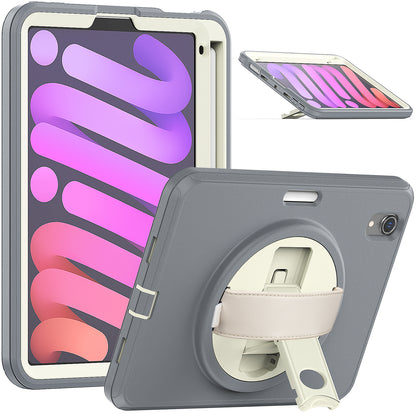 For iPad mini (2021) PC+TPU Tablet Protective Cover Rotary Kickstand Pen Slot Design Anti-drop Case with PU Leather Handle Strap