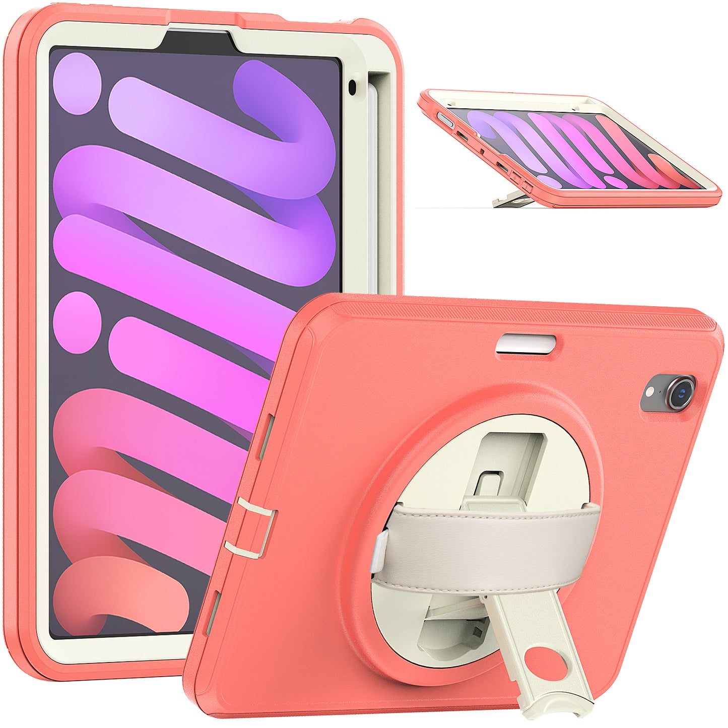 For iPad mini (2021) PC+TPU Tablet Protective Cover Rotary Kickstand Pen Slot Design Anti-drop Case with PU Leather Handle Strap
