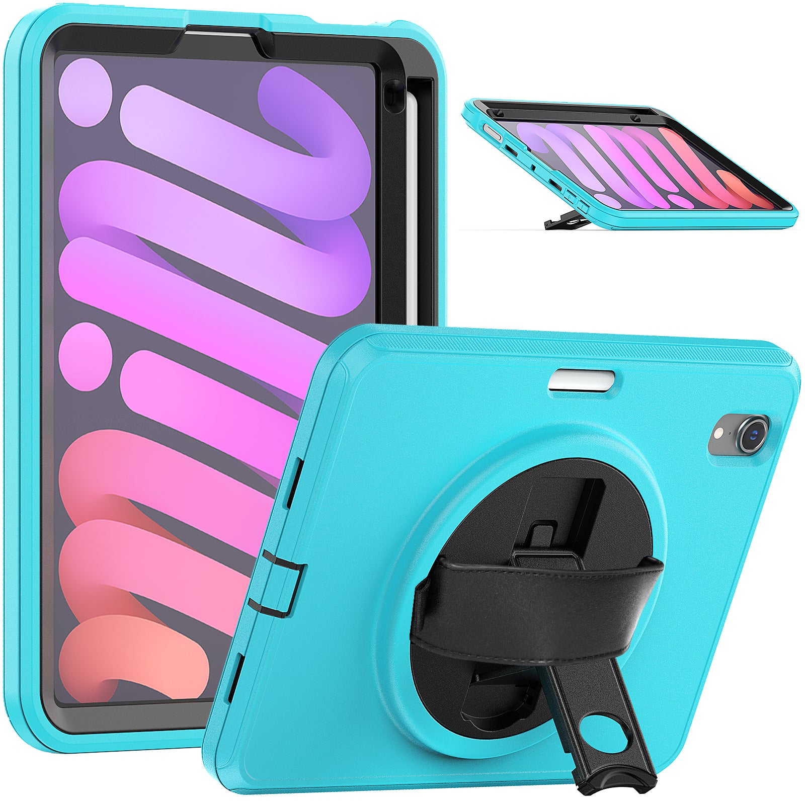 For iPad mini (2021) PC+TPU Tablet Protective Cover Rotary Kickstand Pen Slot Design Anti-drop Case with PU Leather Handle Strap