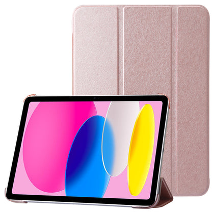 For iPad 10.9 (2022) Silk Texture Protective Case PU Leather+PC Tri-fold Stand Drop-proof Cover