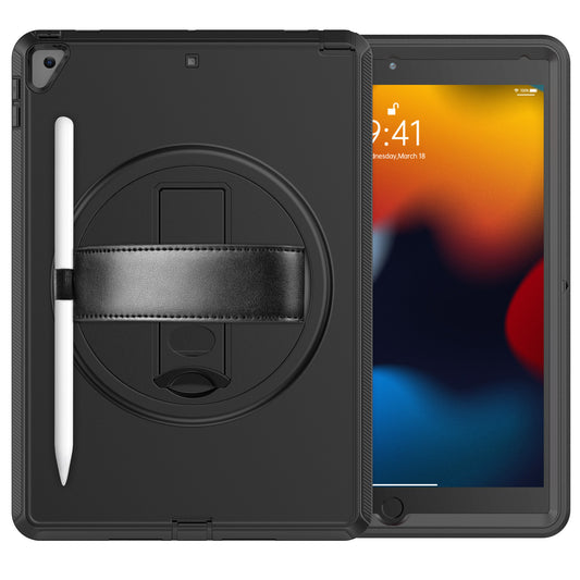 For iPad 10.2 (2021) / (2019) / (2020) / iPad Air 10.5 inch (2019) PC+TPU Tablet Protective Cover Rotary Kickstand Anti-drop Anti-scratch Case with PU Leather Handle Strap