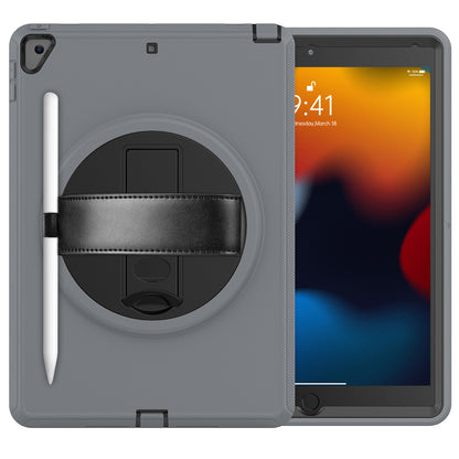 For iPad 10.2 (2021) / (2019) / (2020) / iPad Air 10.5 inch (2019) PC+TPU Tablet Protective Cover Rotary Kickstand Anti-drop Anti-scratch Case with PU Leather Handle Strap