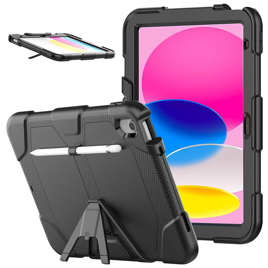 For iPad 10.9 (2022) PC + Silicone Shockproof Case Built-In Screen Protector Anti-Scratch Kickstand Cover Portable Tablet Case with Pen Holder