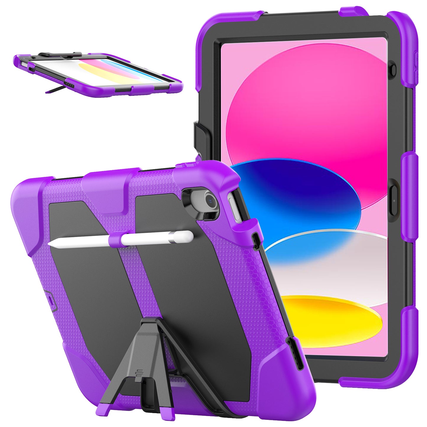 For iPad 10.9 (2022) PC + Silicone Shockproof Case Built-In Screen Protector Anti-Scratch Kickstand Cover Portable Tablet Case with Pen Holder
