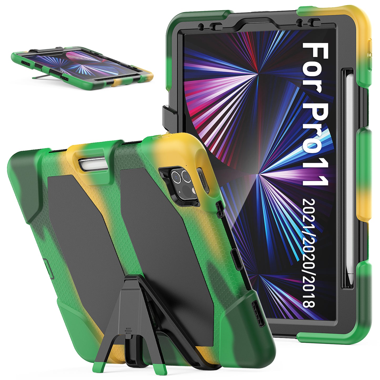 For iPad Pro 11 (2022) / (2021) / (2020) / (2018)  /  Air (2022) / (2020) Protective Case Anti-Drop PC + Silicone Case Scratch-Proof Kickstand Tablet Cover