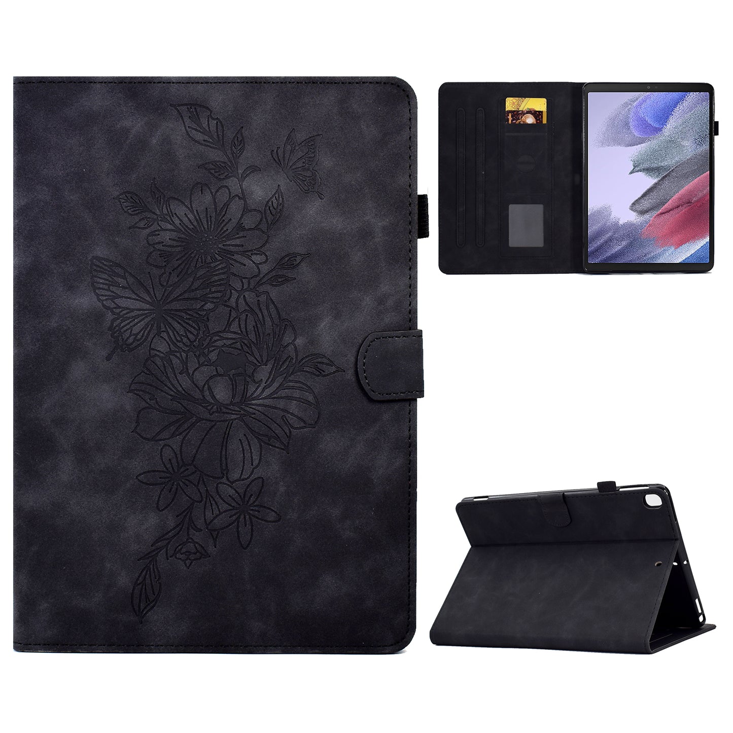 Protective Tablet Case For Samsung Galaxy Tab A7 Lite 8.7-inch T220 / T225, Butterfly Flower Pattern Imprinted PU Leather Stitching Line Tablet Cover with Card Holder Stand