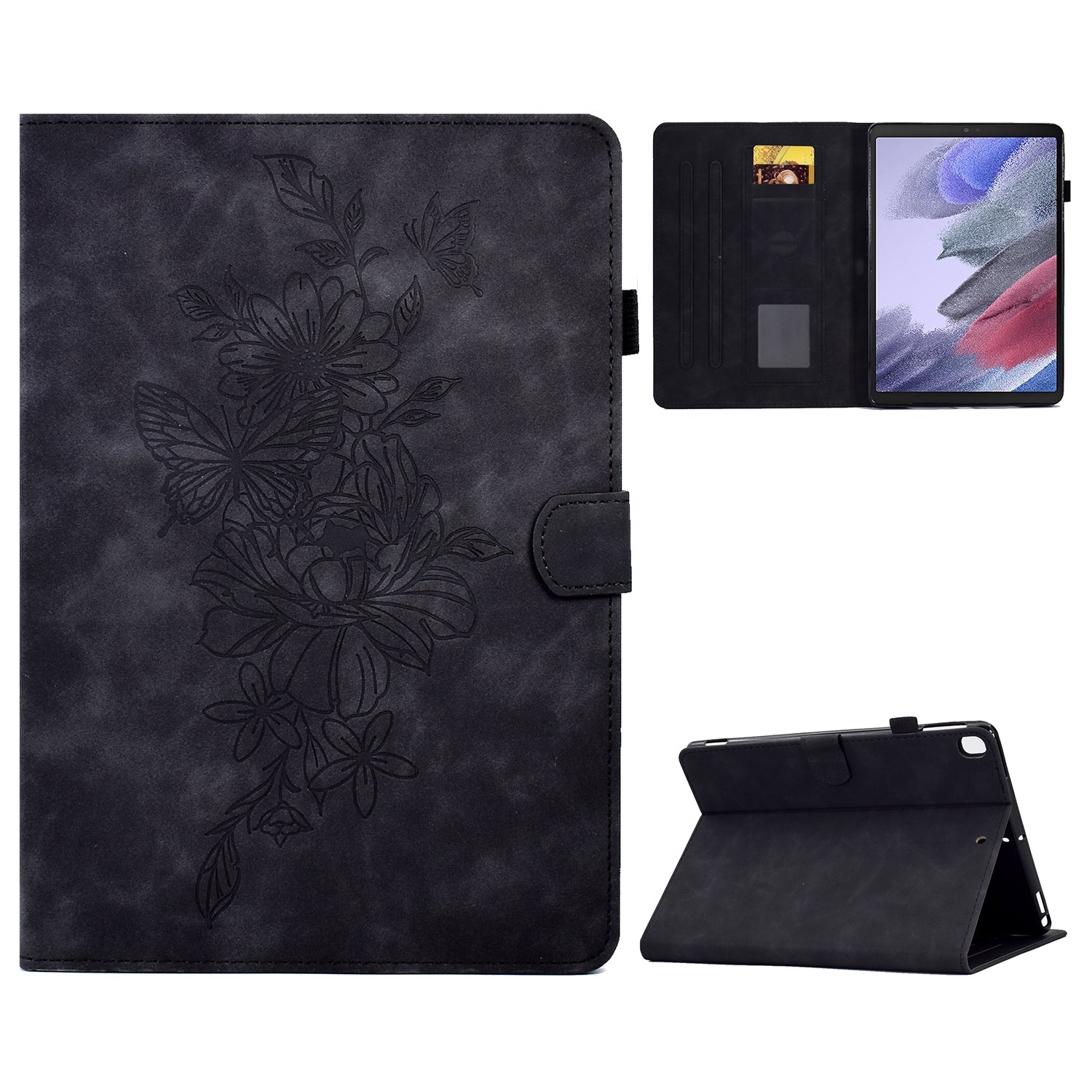 Protective Tablet Case For Samsung Galaxy Tab A7 Lite 8.7-inch T220 / T225, Butterfly Flower Pattern Imprinted PU Leather Stitching Line Tablet Cover with Card Holder Stand