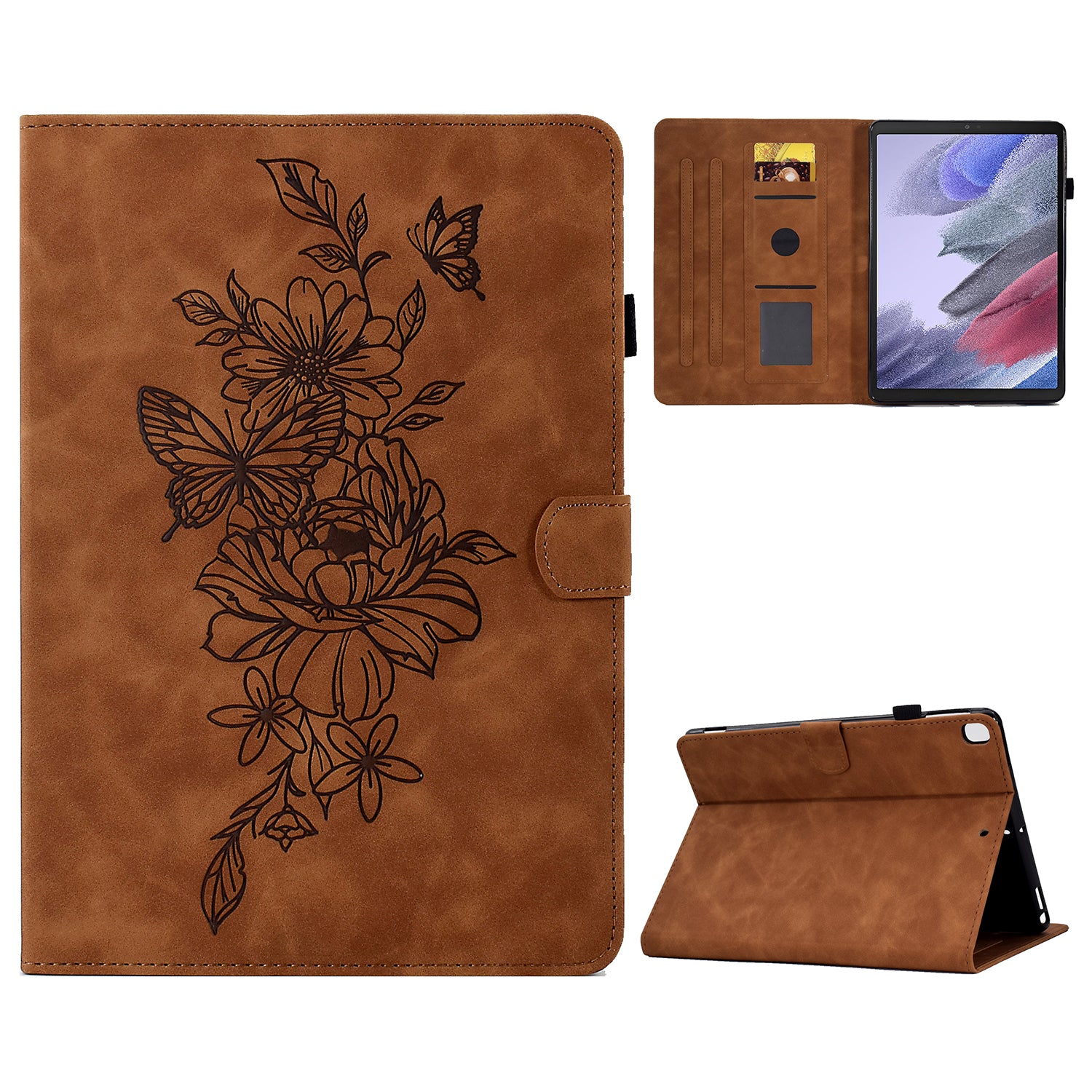 Protective Tablet Case For Samsung Galaxy Tab A7 Lite 8.7-inch T220 / T225, Butterfly Flower Pattern Imprinted PU Leather Stitching Line Tablet Cover with Card Holder Stand