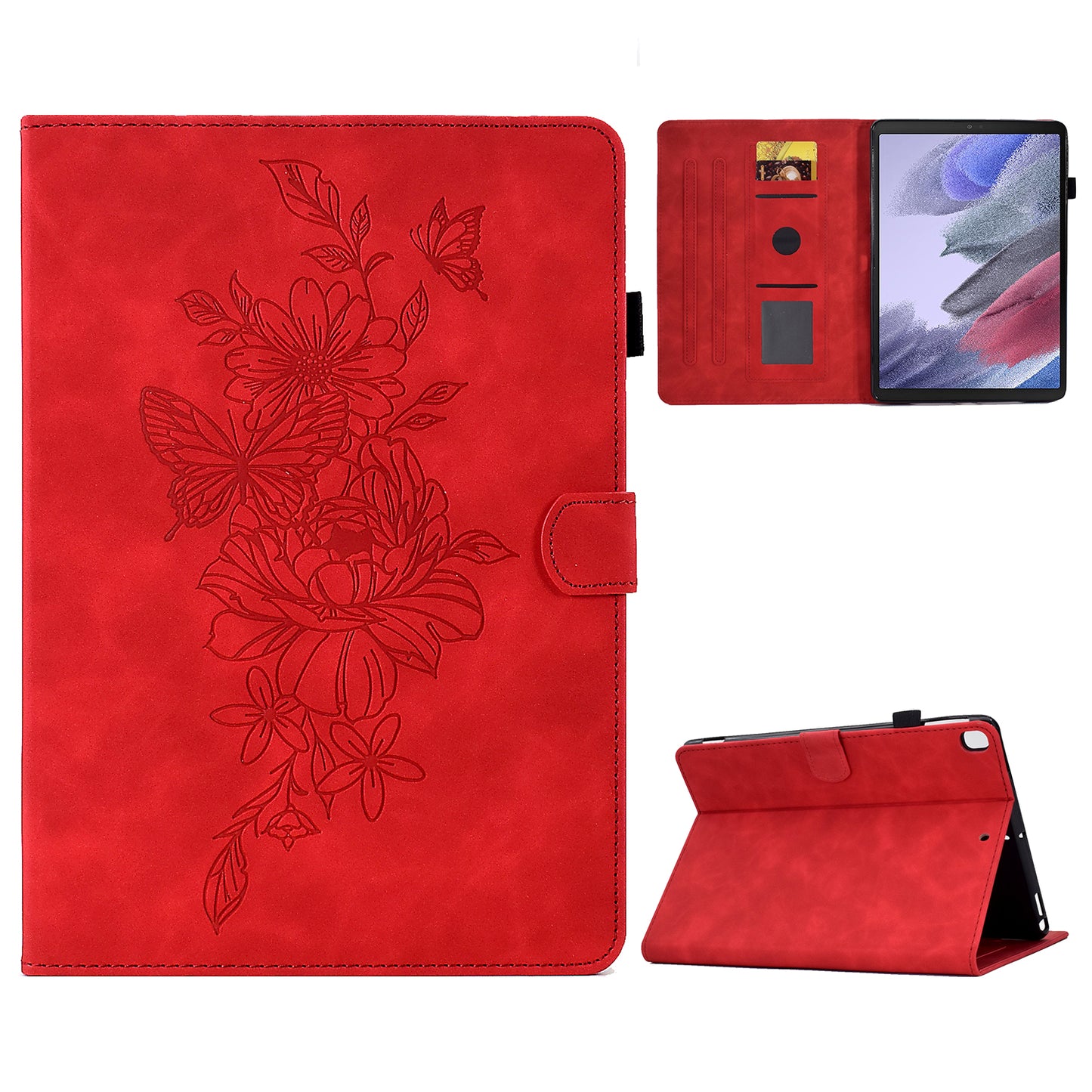 Protective Tablet Case For Samsung Galaxy Tab A7 Lite 8.7-inch T220 / T225, Butterfly Flower Pattern Imprinted PU Leather Stitching Line Tablet Cover with Card Holder Stand