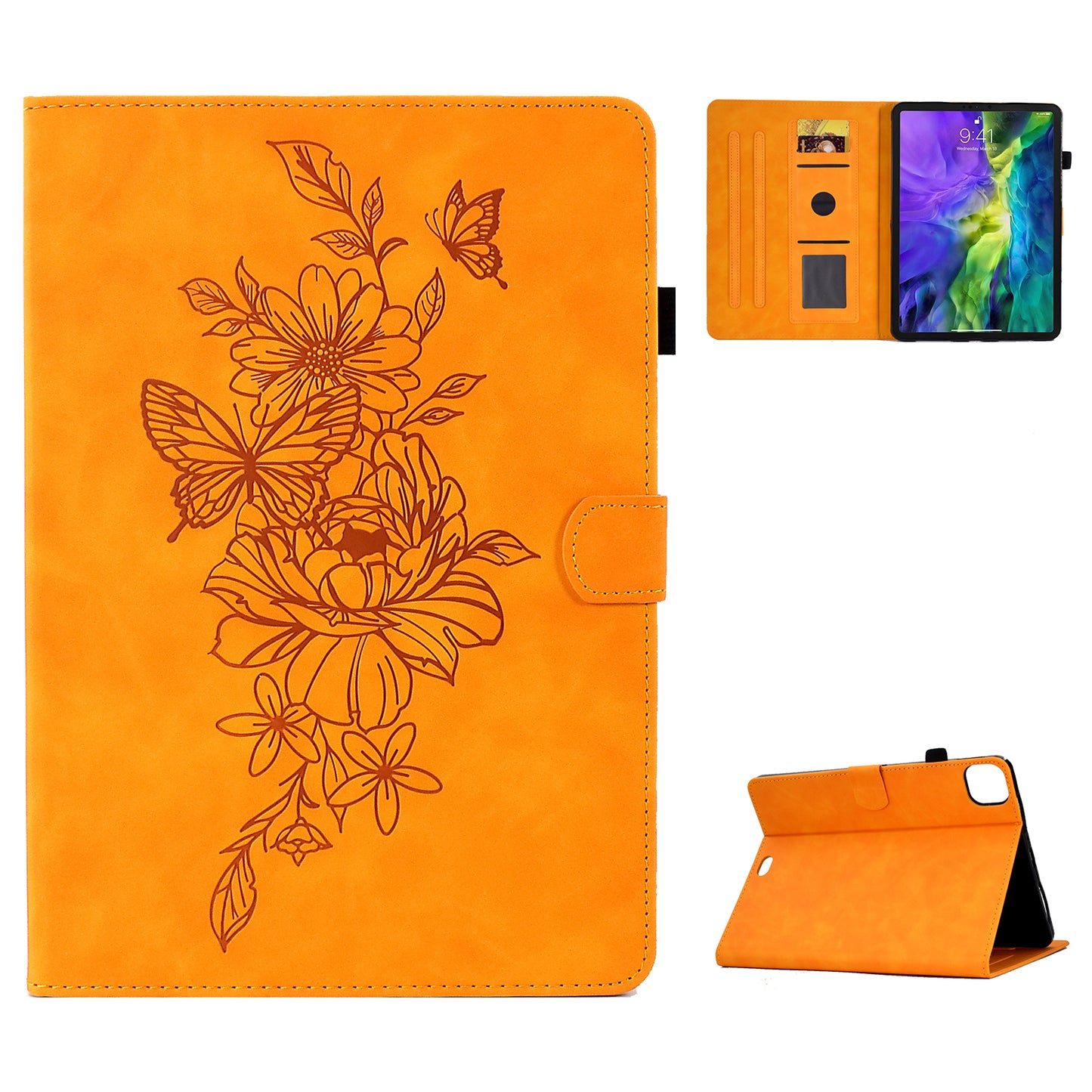 For iPad Pro 11-inch (2018) / (2020) / (2021) / (2022) / Air (2020) / (2022) Stitching Leather Case Butterfly Flower Pattern Imprinted Anti-Fall Tablet Cover with Card Holder Stand