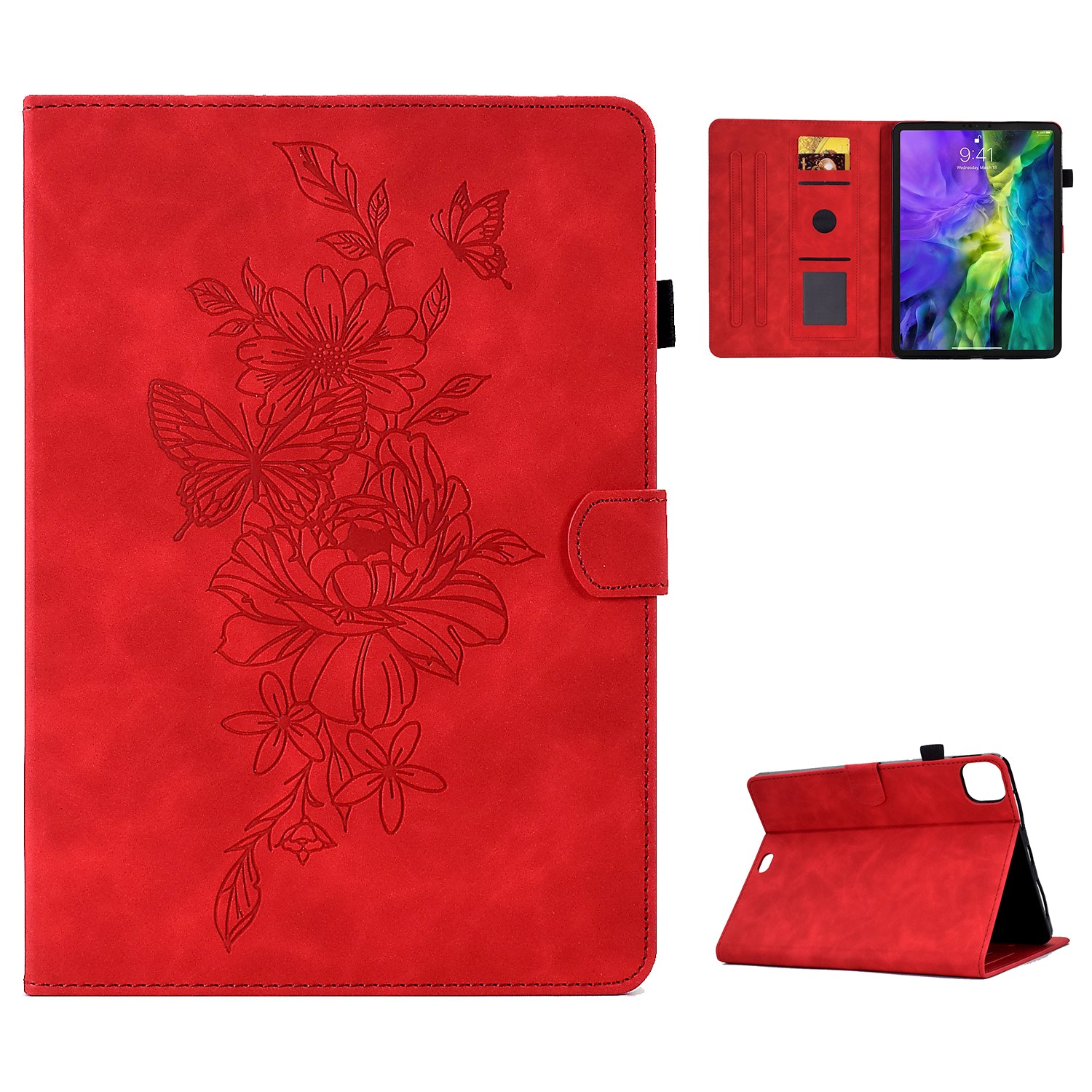 For iPad Pro 11-inch (2018) / (2020) / (2021) / (2022) / Air (2020) / (2022) Stitching Leather Case Butterfly Flower Pattern Imprinted Anti-Fall Tablet Cover with Card Holder Stand