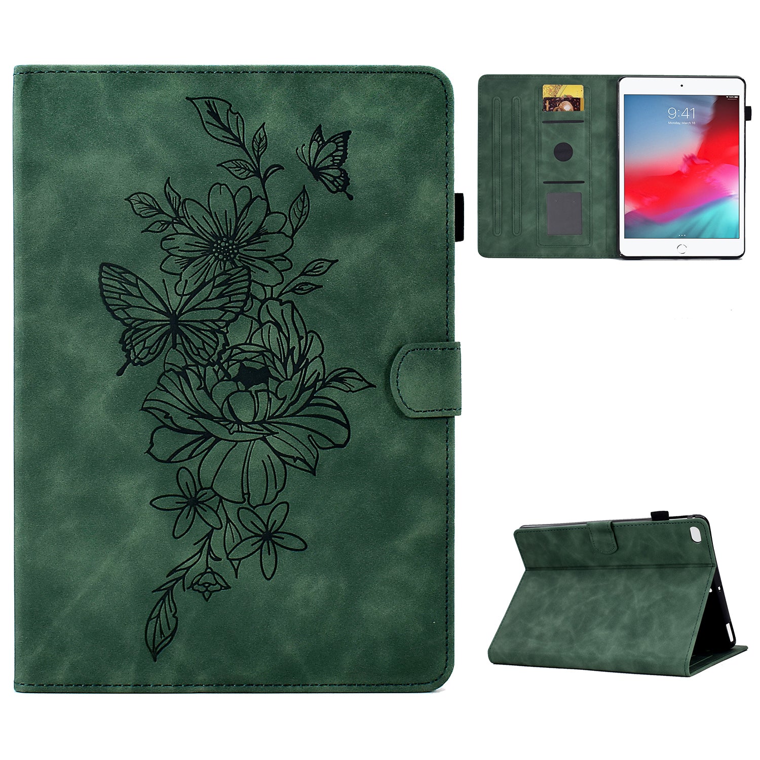 For iPad Mini / Mini 2 / mini 3 / mini 4 / mini (2019) 7.9 inch Shockproof Leather Case Butterfly Flower Pattern Imprinted Stitching Anti-Drop Tablet Cover with Card Holder, Stand