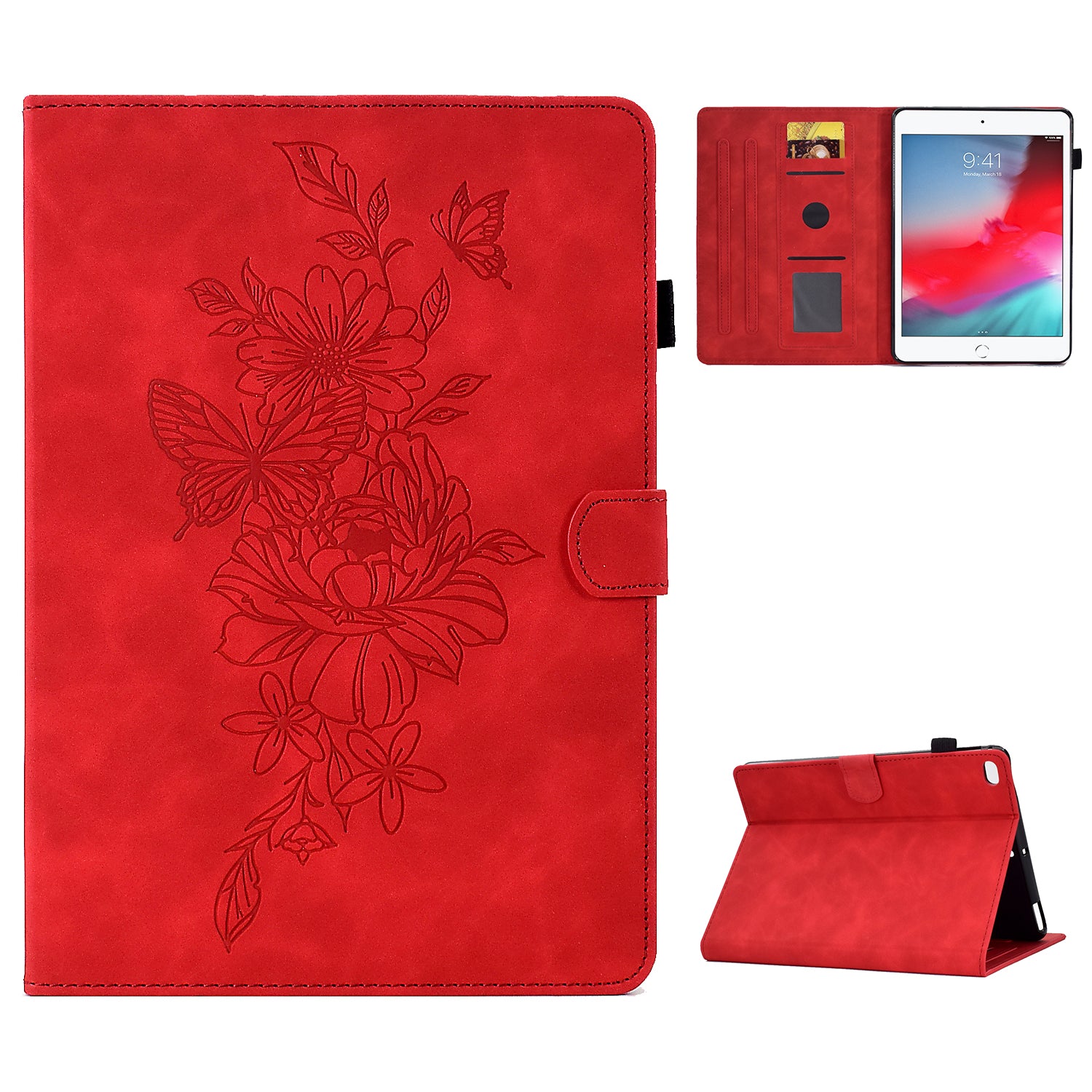 For iPad Mini / Mini 2 / mini 3 / mini 4 / mini (2019) 7.9 inch Shockproof Leather Case Butterfly Flower Pattern Imprinted Stitching Anti-Drop Tablet Cover with Card Holder, Stand