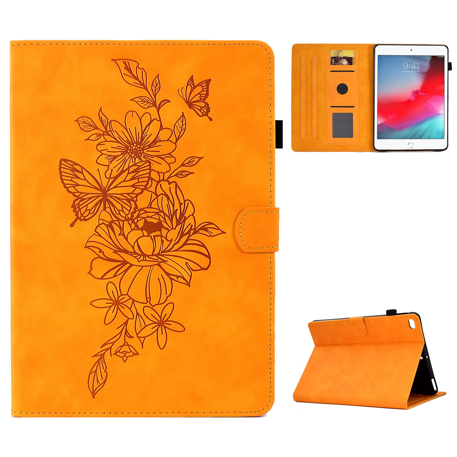 For iPad Mini / Mini 2 / mini 3 / mini 4 / mini (2019) 7.9 inch Shockproof Leather Case Butterfly Flower Pattern Imprinted Stitching Anti-Drop Tablet Cover with Card Holder, Stand