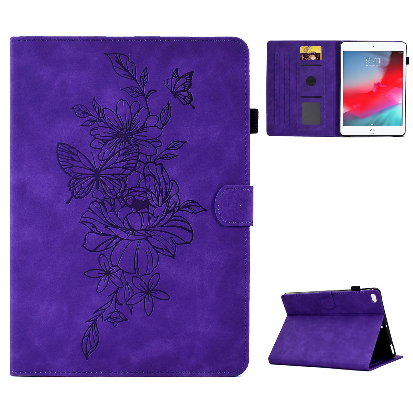 For iPad Mini / Mini 2 / mini 3 / mini 4 / mini (2019) 7.9 inch Shockproof Leather Case Butterfly Flower Pattern Imprinted Stitching Anti-Drop Tablet Cover with Card Holder, Stand