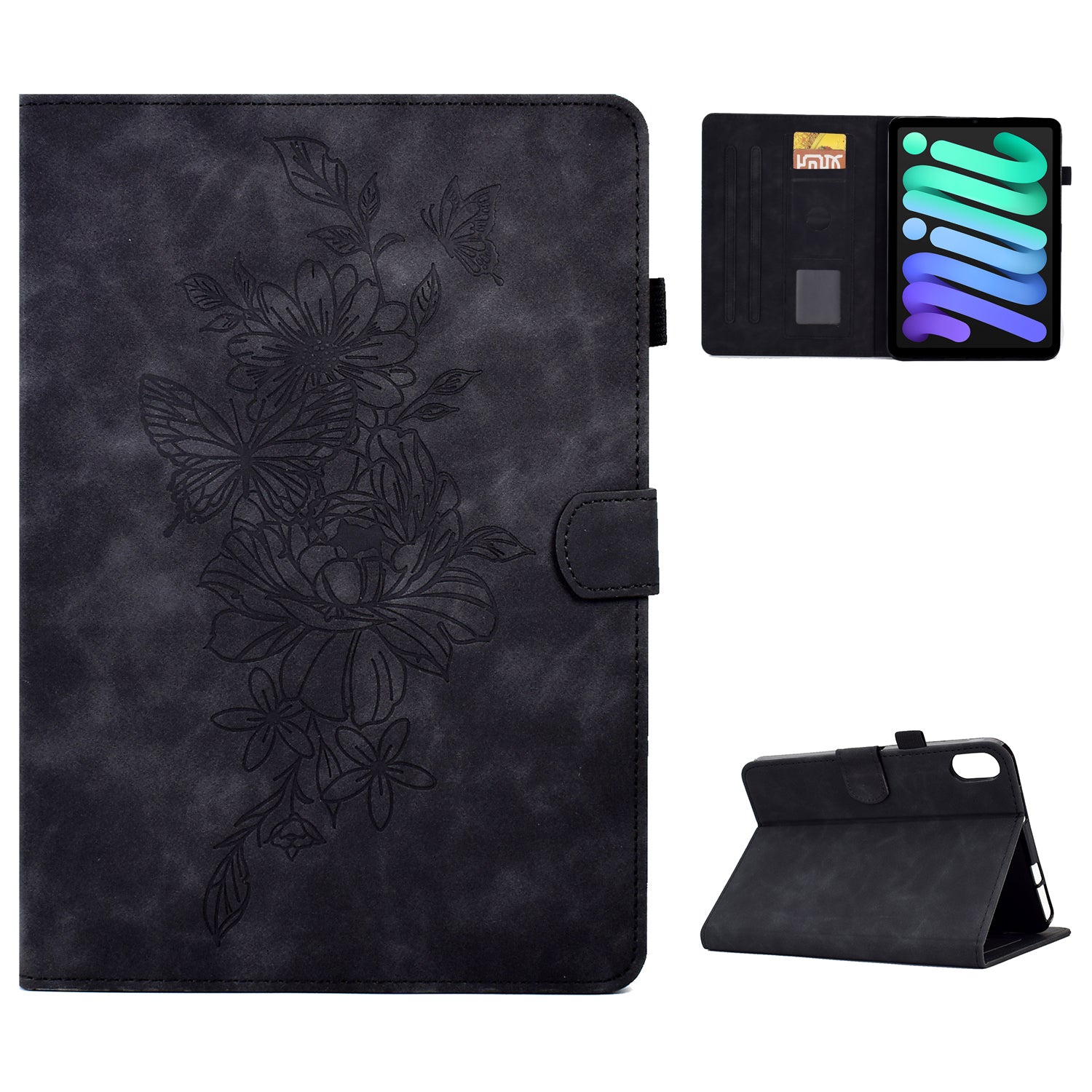 Shockproof Leather Case for iPad mini (2021) Butterfly Flower Pattern Imprinted Stitching Anti-Scratch Tablet Cover with Card Holder, Stand