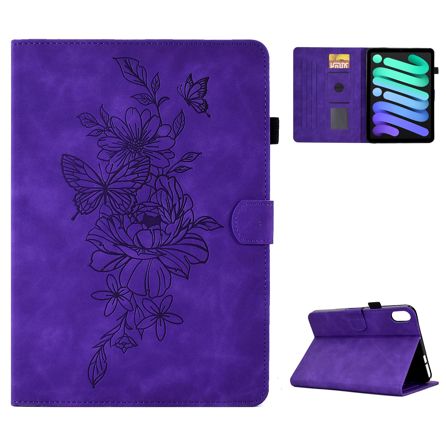 Shockproof Leather Case for iPad mini (2021) Butterfly Flower Pattern Imprinted Stitching Anti-Scratch Tablet Cover with Card Holder, Stand