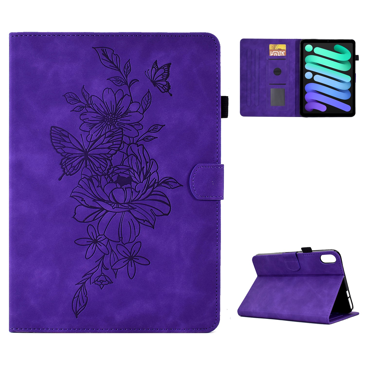 Shockproof Leather Case for iPad mini (2021) Butterfly Flower Pattern Imprinted Stitching Anti-Scratch Tablet Cover with Card Holder, Stand