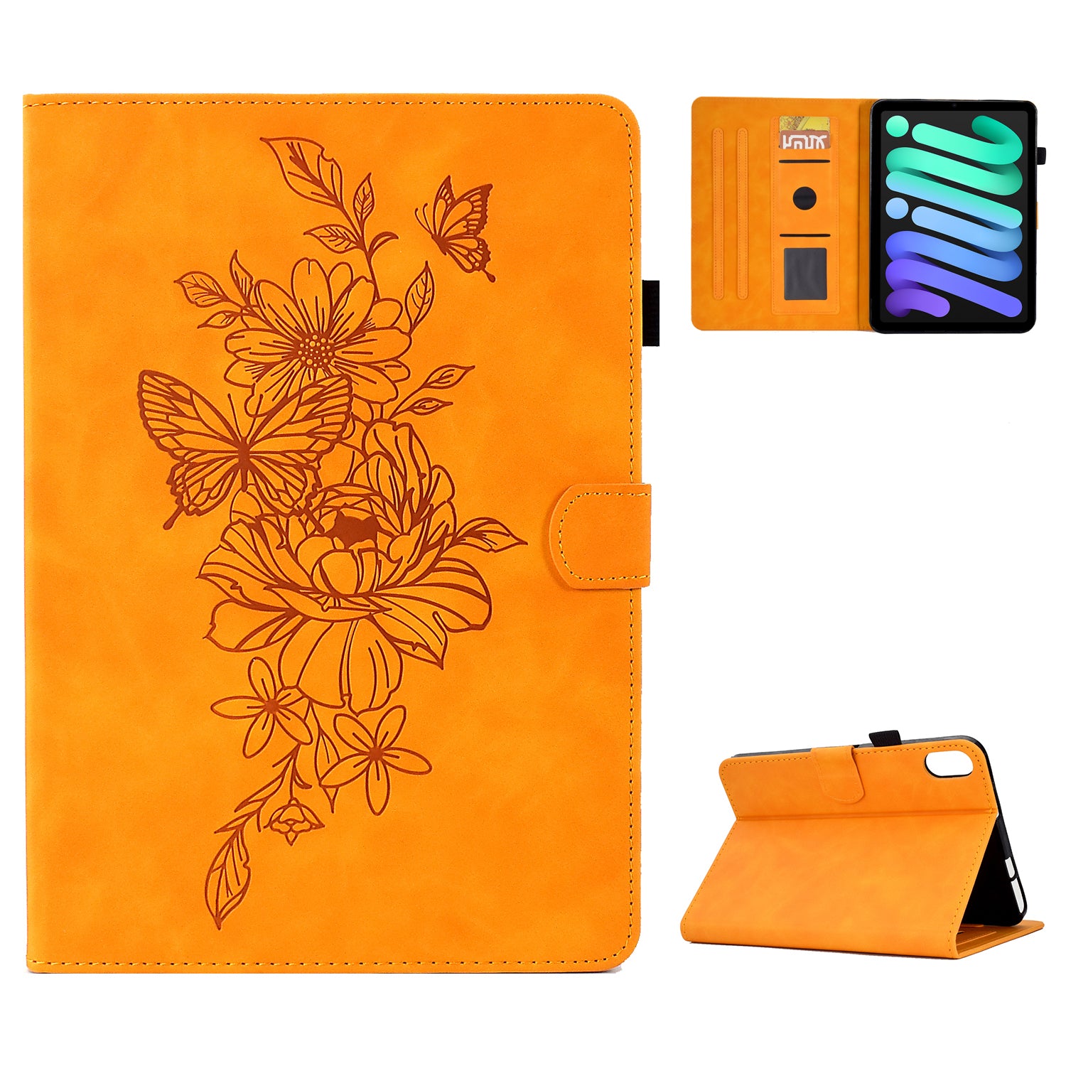 Shockproof Leather Case for iPad mini (2021) Butterfly Flower Pattern Imprinted Stitching Anti-Scratch Tablet Cover with Card Holder, Stand
