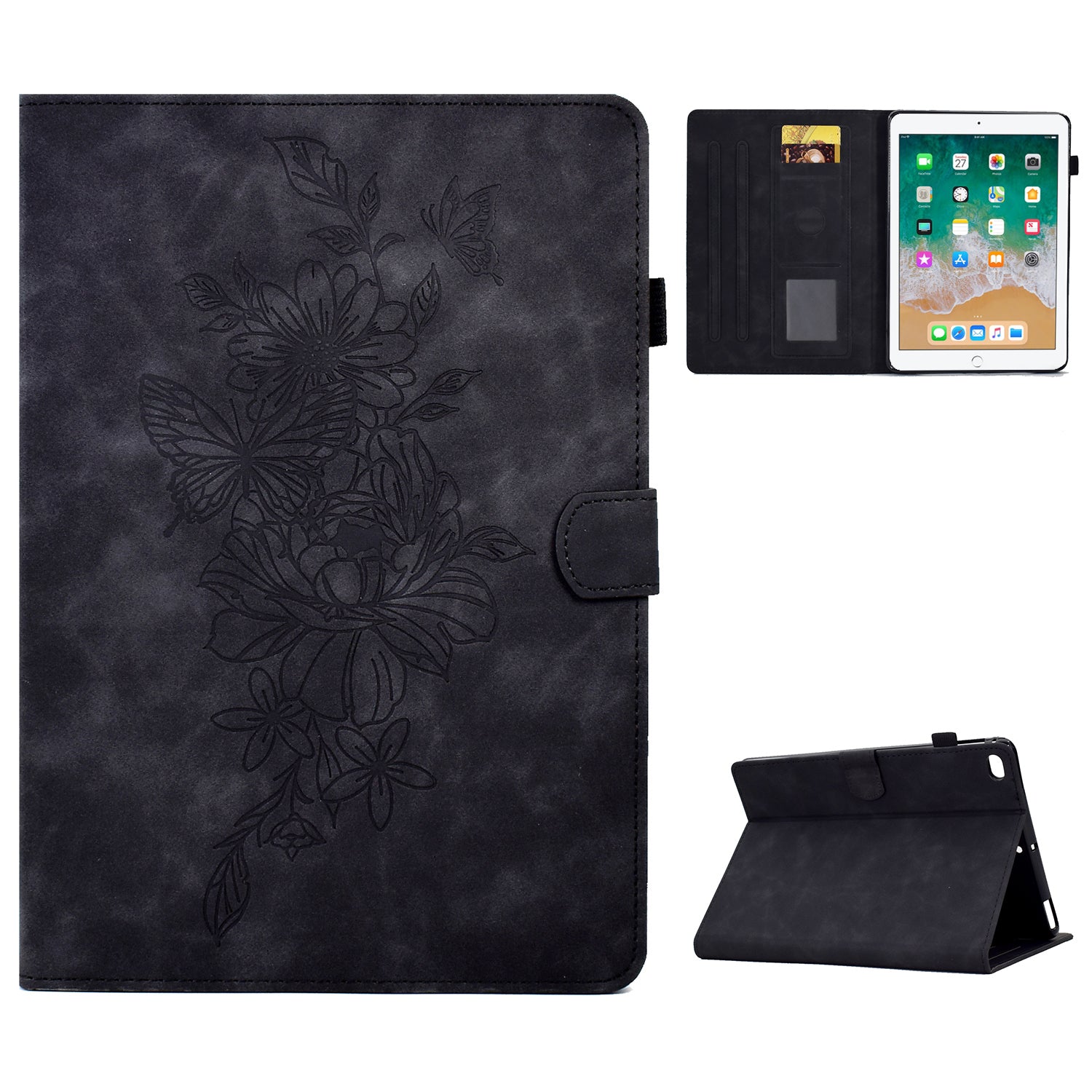 For iPad Air (2013) / Air 2 / iPad 9.7-inch (2017) / 9.7-inch (2018) Anti-Drop Leather Case Butterfly Flower Pattern Imprinted Shockproof Tablet Cover with Card Holder, Stand
