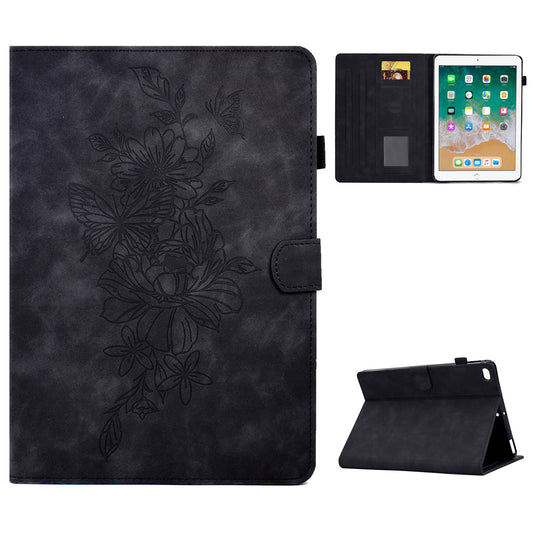 For iPad Air (2013) / Air 2 / iPad 9.7-inch (2017) / 9.7-inch (2018) Anti-Drop Leather Case Butterfly Flower Pattern Imprinted Shockproof Tablet Cover with Card Holder, Stand