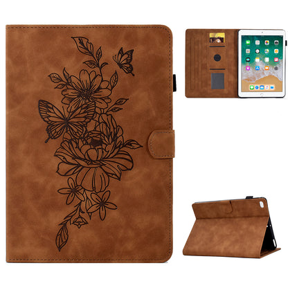 For iPad Air (2013) / Air 2 / iPad 9.7-inch (2017) / 9.7-inch (2018) Anti-Drop Leather Case Butterfly Flower Pattern Imprinted Shockproof Tablet Cover with Card Holder, Stand