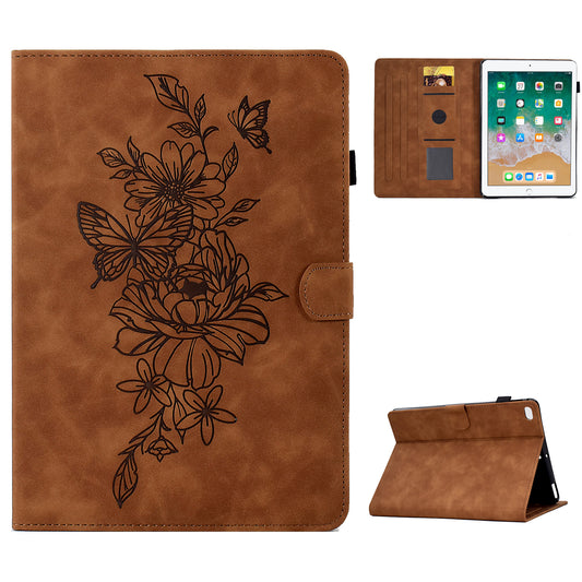 For iPad Air (2013) / Air 2 / iPad 9.7-inch (2017) / 9.7-inch (2018) Anti-Drop Leather Case Butterfly Flower Pattern Imprinted Shockproof Tablet Cover with Card Holder, Stand