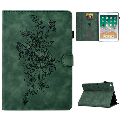 For iPad Air (2013) / Air 2 / iPad 9.7-inch (2017) / 9.7-inch (2018) Anti-Drop Leather Case Butterfly Flower Pattern Imprinted Shockproof Tablet Cover with Card Holder, Stand