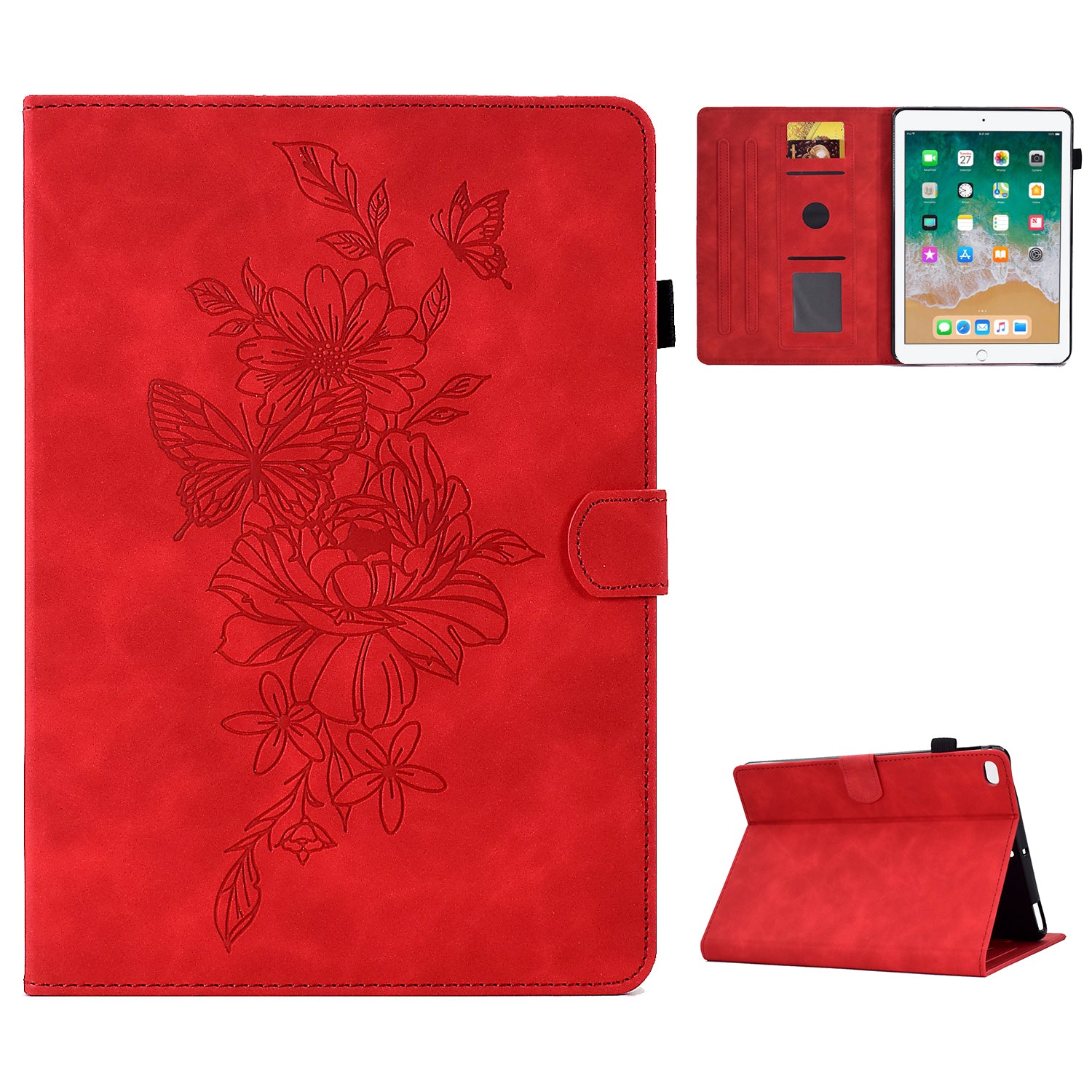 For iPad Air (2013) / Air 2 / iPad 9.7-inch (2017) / 9.7-inch (2018) Anti-Drop Leather Case Butterfly Flower Pattern Imprinted Shockproof Tablet Cover with Card Holder, Stand