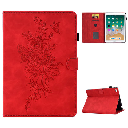For iPad Air (2013) / Air 2 / iPad 9.7-inch (2017) / 9.7-inch (2018) Anti-Drop Leather Case Butterfly Flower Pattern Imprinted Shockproof Tablet Cover with Card Holder, Stand