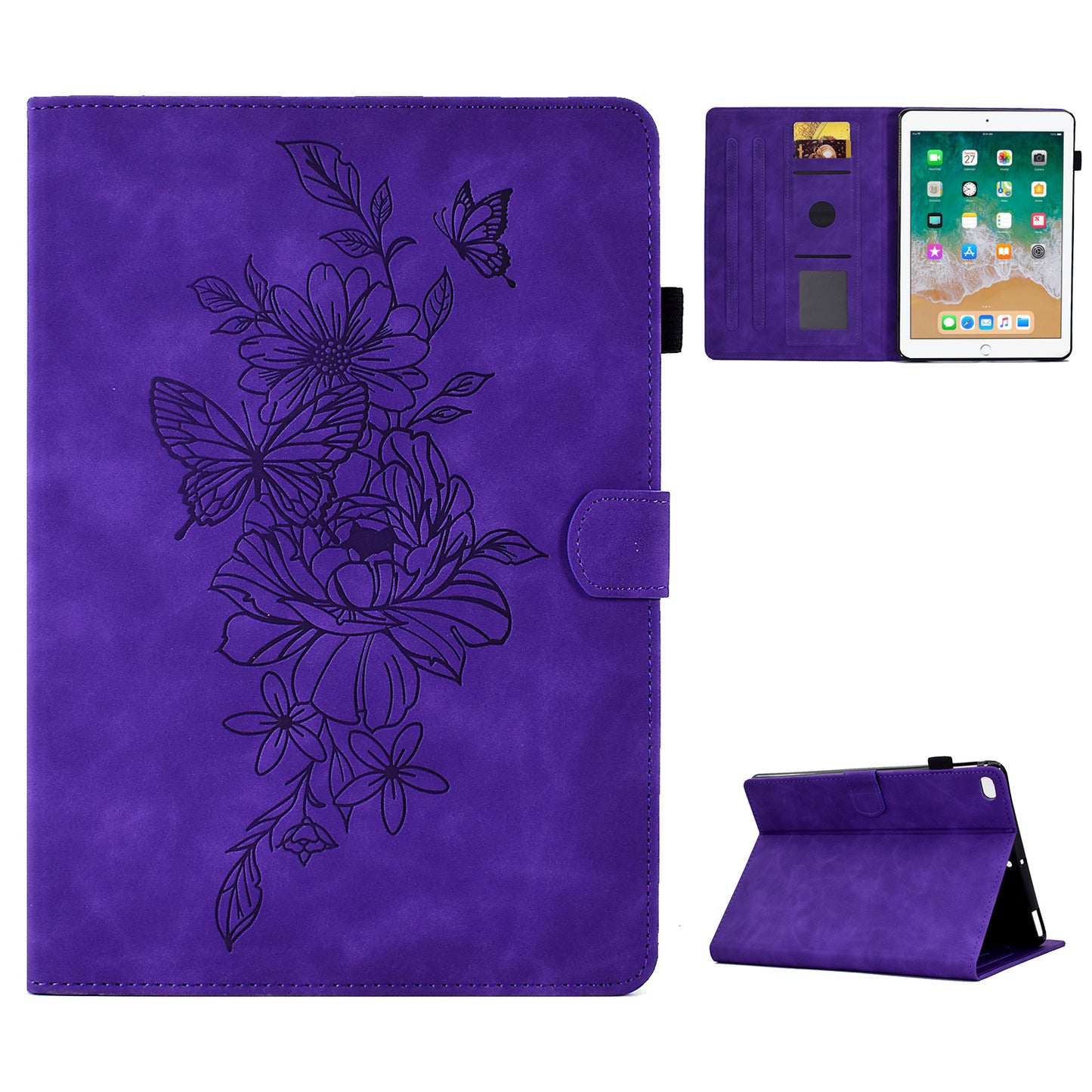 For iPad Air (2013) / Air 2 / iPad 9.7-inch (2017) / 9.7-inch (2018) Anti-Drop Leather Case Butterfly Flower Pattern Imprinted Shockproof Tablet Cover with Card Holder, Stand