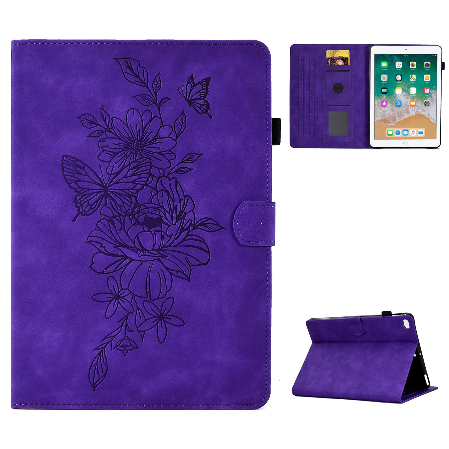 For iPad Air (2013) / Air 2 / iPad 9.7-inch (2017) / 9.7-inch (2018) Anti-Drop Leather Case Butterfly Flower Pattern Imprinted Shockproof Tablet Cover with Card Holder, Stand