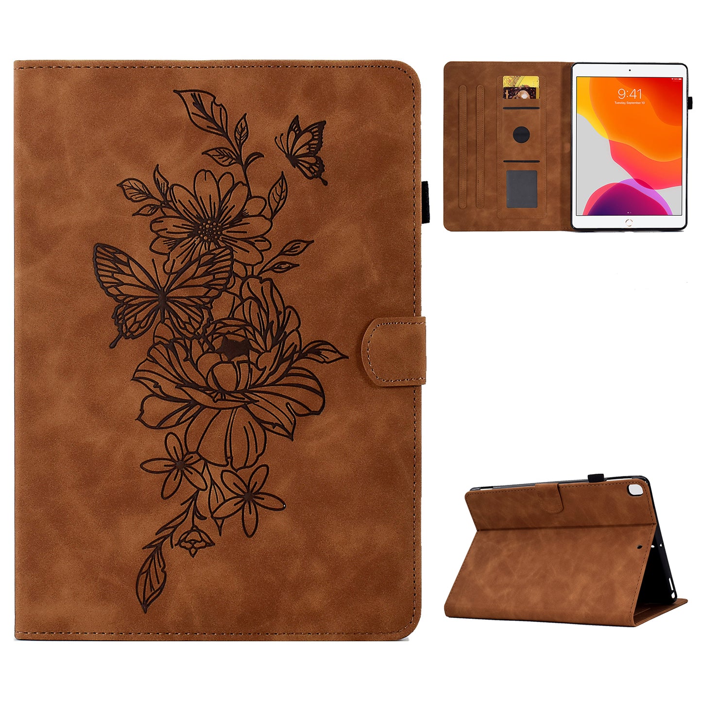 For iPad 10.2 (2019) / (2020)  /  Air 10.5 inch (2019) Protective Leather Case Butterfly Flower Pattern Imprinted Anti-Drop Tablet Cover with Card Holder, Stand