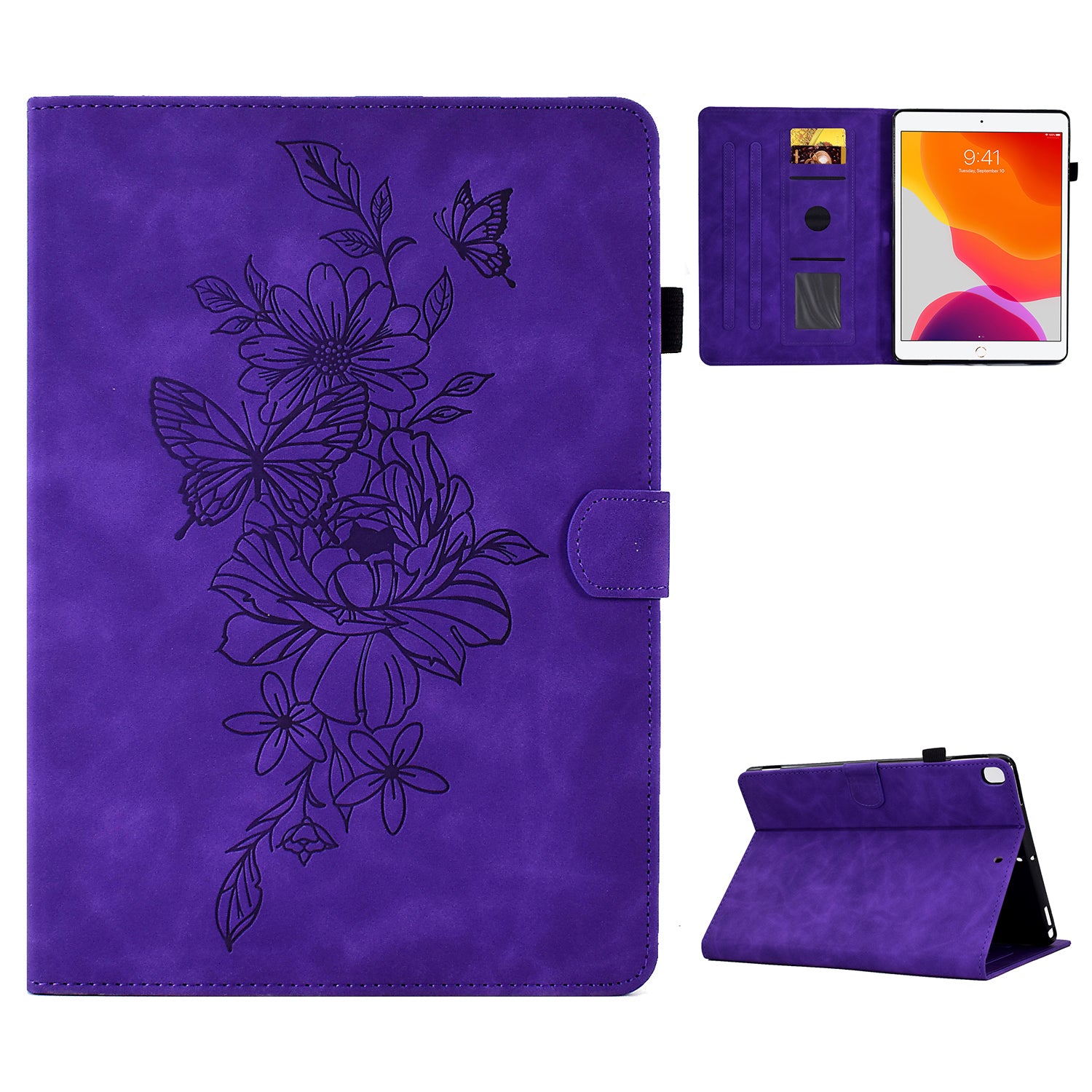 For iPad 10.2 (2019) / (2020)  /  Air 10.5 inch (2019) Protective Leather Case Butterfly Flower Pattern Imprinted Anti-Drop Tablet Cover with Card Holder, Stand