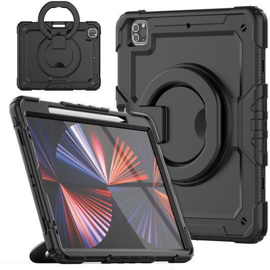 For iPad Pro 12.9 (2018) / (2020) / (2021) / (2022) 360-Degree Rotating Kickstand Tablet Case Anti-drop PC + Silicone Protective Cover with Shoulder Strap