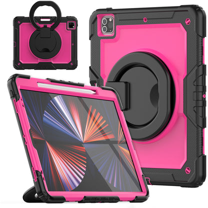 For iPad Pro 12.9 (2018) / (2020) / (2021) / (2022) 360-Degree Rotating Kickstand Tablet Case Anti-drop PC + Silicone Protective Cover with Shoulder Strap