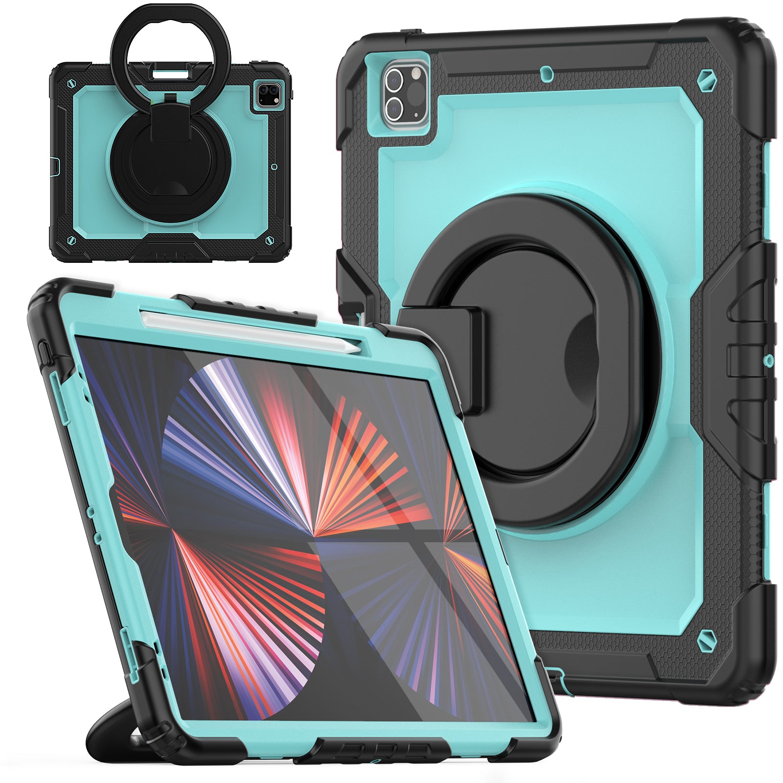 For iPad Pro 12.9 (2018) / (2020) / (2021) / (2022) 360-Degree Rotating Kickstand Tablet Case Anti-drop PC + Silicone Protective Cover with Shoulder Strap