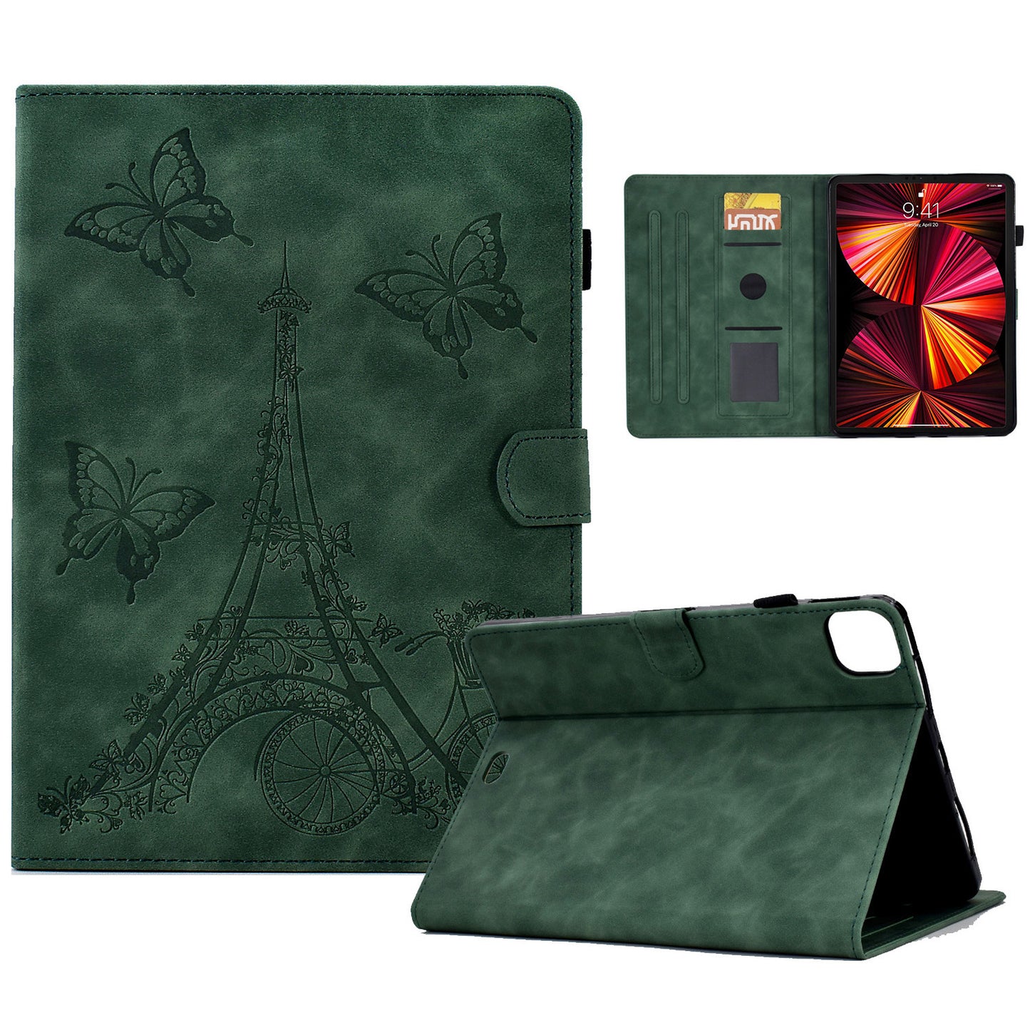 For iPad Pro 11 inch (2018) / (2020) / (2021) / (2022) / iPad Air (2020) / (2022) Microfiber Leather Tablet Case Tower Bike Butterfly Pattern Imprinted Cover with Card Slots Stand