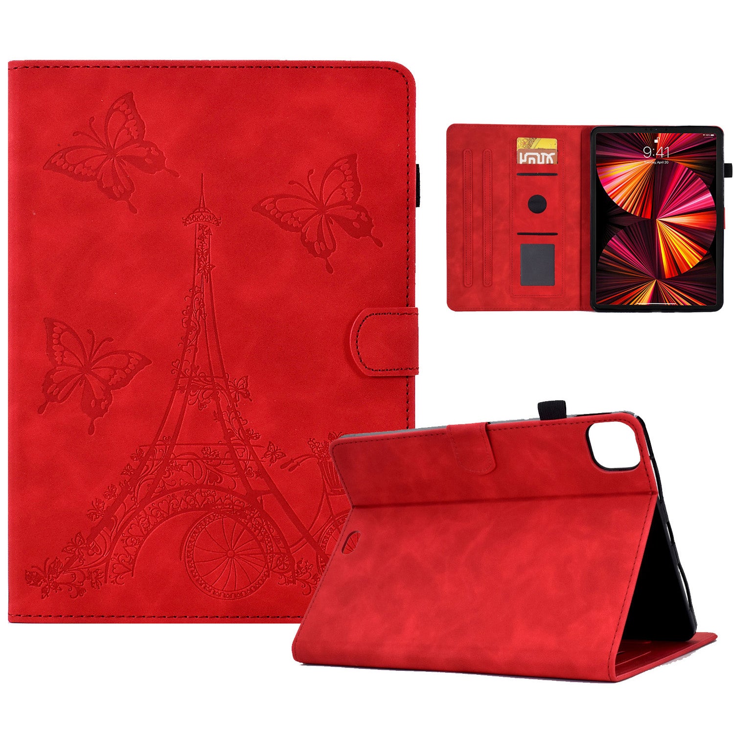 For iPad Pro 11 inch (2018) / (2020) / (2021) / (2022) / iPad Air (2020) / (2022) Microfiber Leather Tablet Case Tower Bike Butterfly Pattern Imprinted Cover with Card Slots Stand