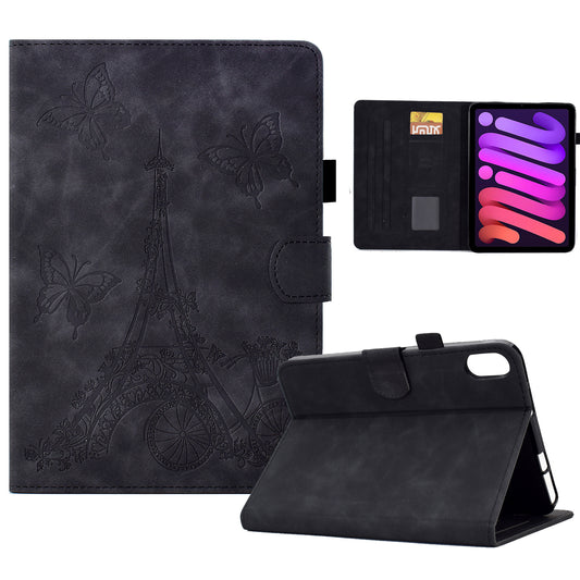 For iPad mini (2021) Tower Bike Butterfly Pattern Imprinted Tablet Case Microfiber Leather Card Holder Foldable Stand Cover