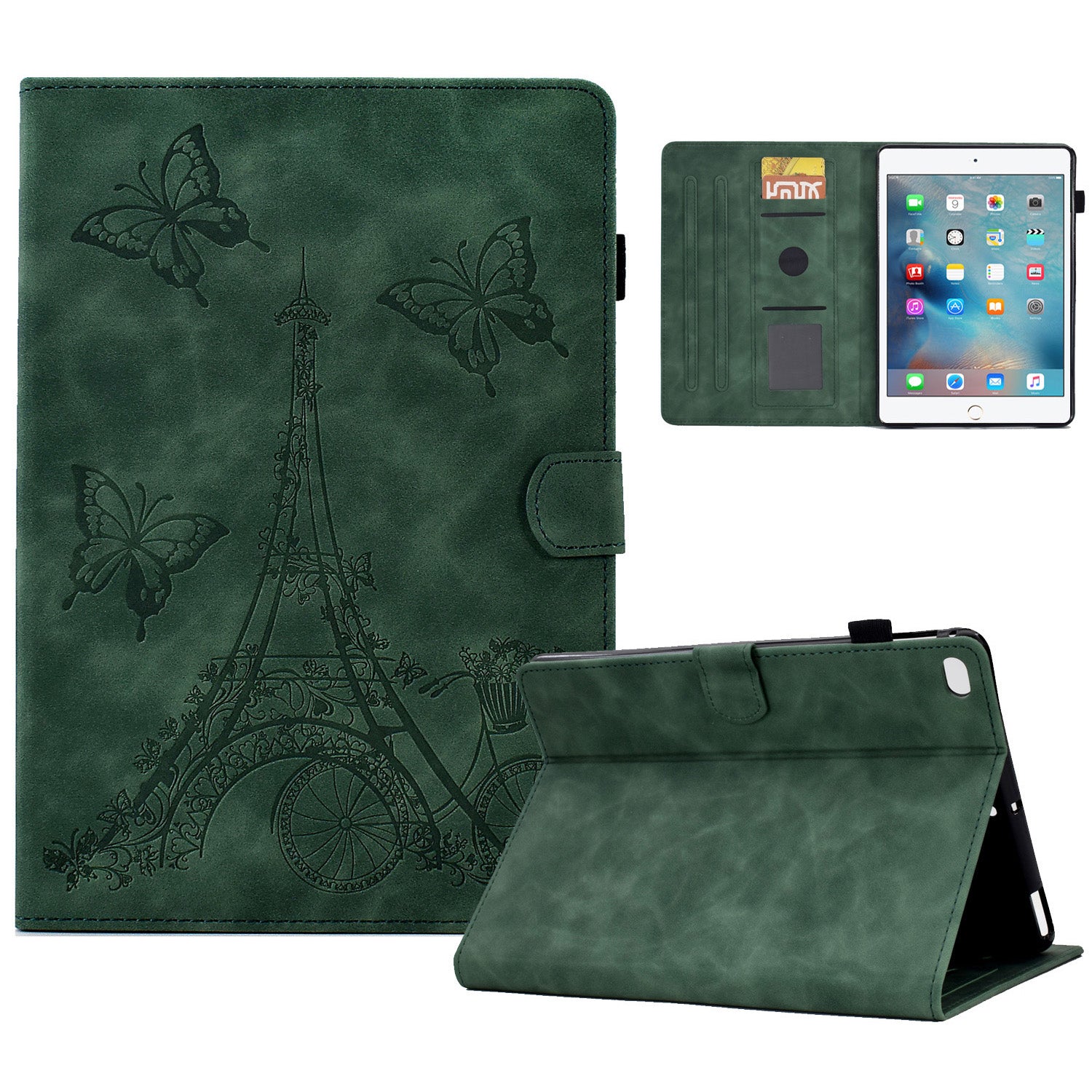 For iPad Mini / Mini 2 / mini 3 / mini 4 / mini (2019) 7.9 inch Tower Bike Butterfly Pattern Imprinted Microfiber Leather Tablet Case Card Holder Full Protection Stand Case