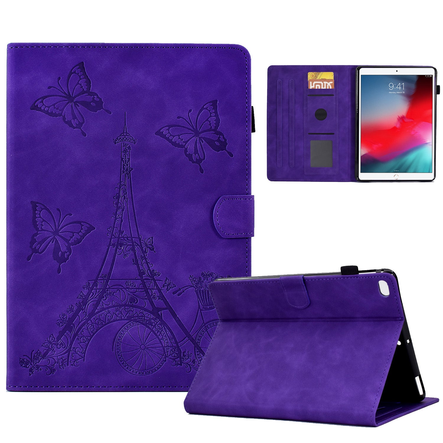 For iPad 10.2 (2021) / (2020) / (2019) / iPad Air 10.5 inch (2019) / iPad Pro 10.5-inch (2017) Microfiber Leather Stand Case Tower Bike Butterfly Pattern Imprinted Card Holder Tablet Cover