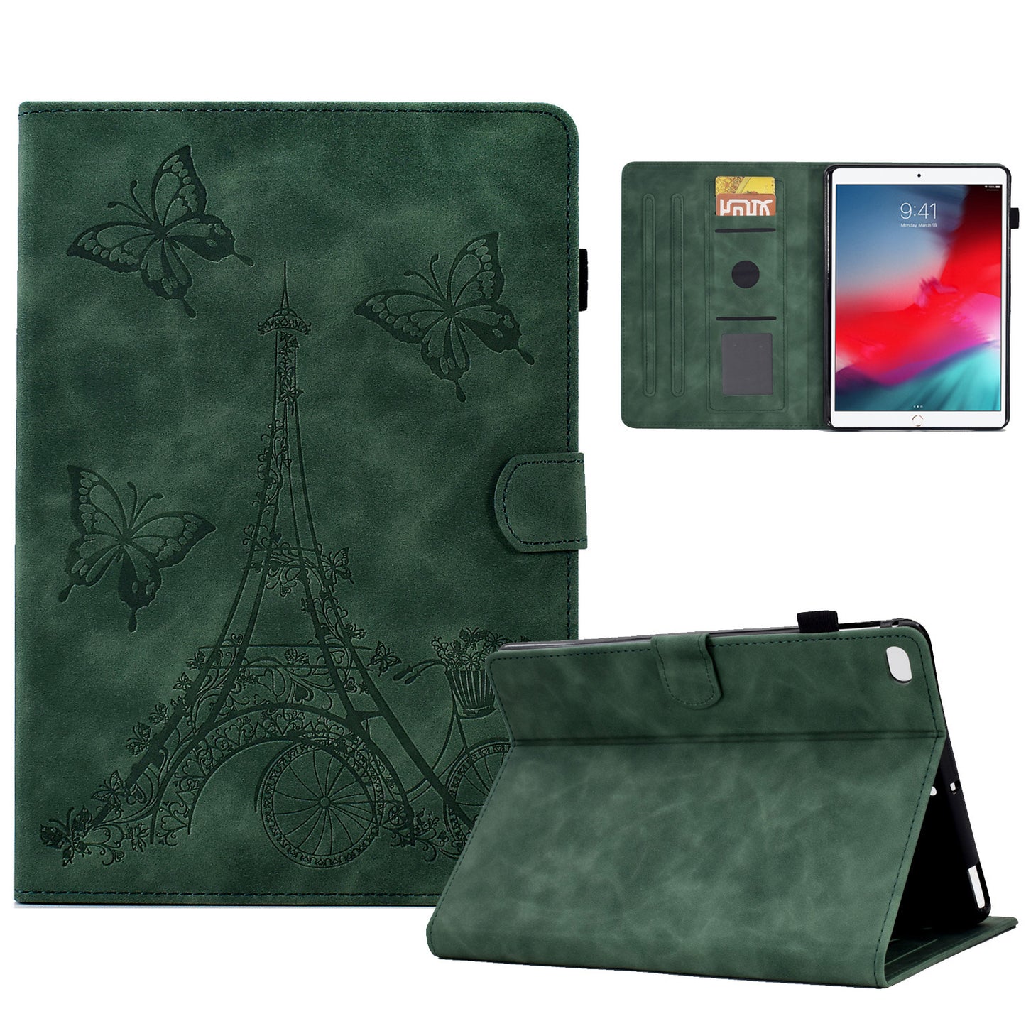 For iPad 10.2 (2021) / (2020) / (2019) / iPad Air 10.5 inch (2019) / iPad Pro 10.5-inch (2017) Microfiber Leather Stand Case Tower Bike Butterfly Pattern Imprinted Card Holder Tablet Cover