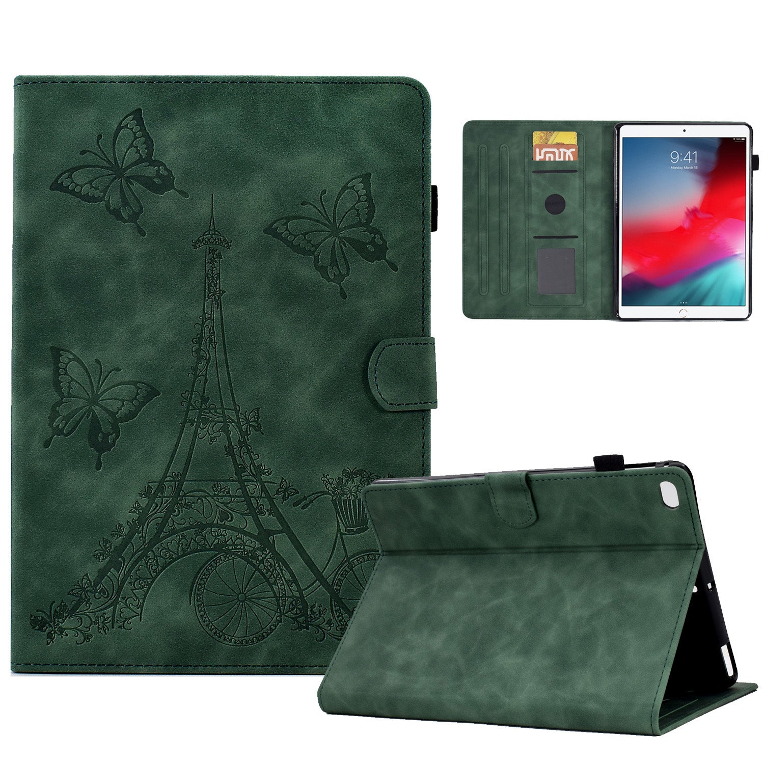 For iPad 10.2 (2021) / (2020) / (2019) / iPad Air 10.5 inch (2019) / iPad Pro 10.5-inch (2017) Microfiber Leather Stand Case Tower Bike Butterfly Pattern Imprinted Card Holder Tablet Cover