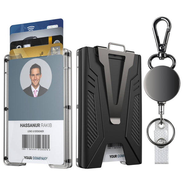 KB004 Metal + PC Business Card Holder ID Credit Card Storage Case with Money Clip and Retractable Key Chain