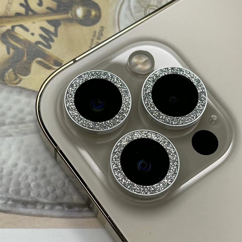 For iPhone 13 mini 5.4 inch 2Pcs / Set Stylish Glitter Ring Design Tempered Glass Camera Lens Protector Anti-fingerprint Guard Film